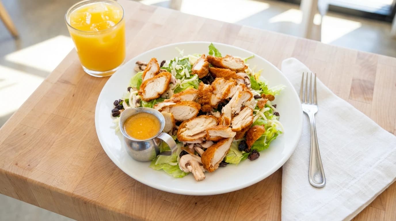 Malibu Chicken - Tender fried chicken strips, sweet raisins, fresh mushrooms, and melted jack cheese on a bed of fres - U.S. Egg Breakfast & Lunch menu item