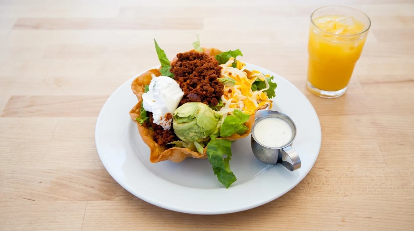 Taco Salad - Spicy chorizo, diced tomatoes, creamy avocado, melted cheese, sour cream, served in a crispy fried t - U.S. Egg Breakfast & Lunch menu item