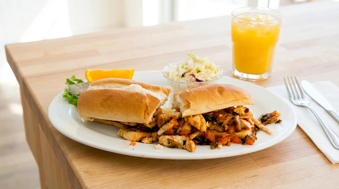 Chicken Philly - Grilled chicken, sautéed onions, green peppers, and melted jack cheese on a hoagie roll. - U.S. Egg Breakfast & Lunch menu item