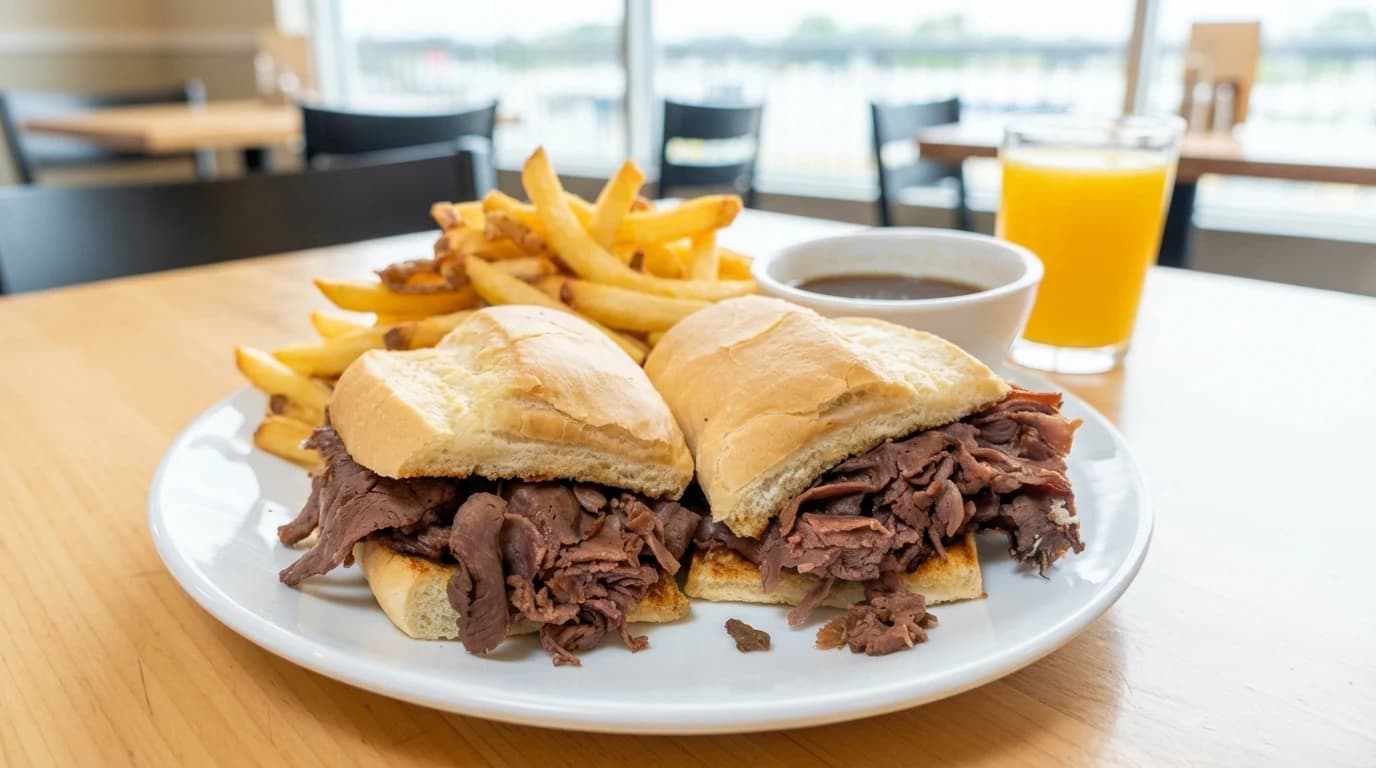 French Dip - Half lb. of thinly sliced roast beef on a toasted hoagie roll served with savory au jus for dipping. - U.S. Egg Breakfast & Lunch menu item
