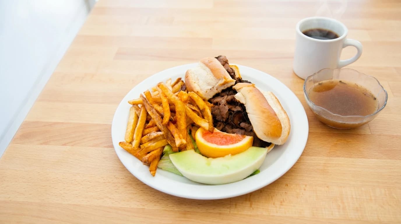 Philly Sandwich - Half lb. of thinly sliced roast beef, sautéed onions, green peppers, and melted swiss cheese on a ho - U.S. Egg Breakfast & Lunch menu item