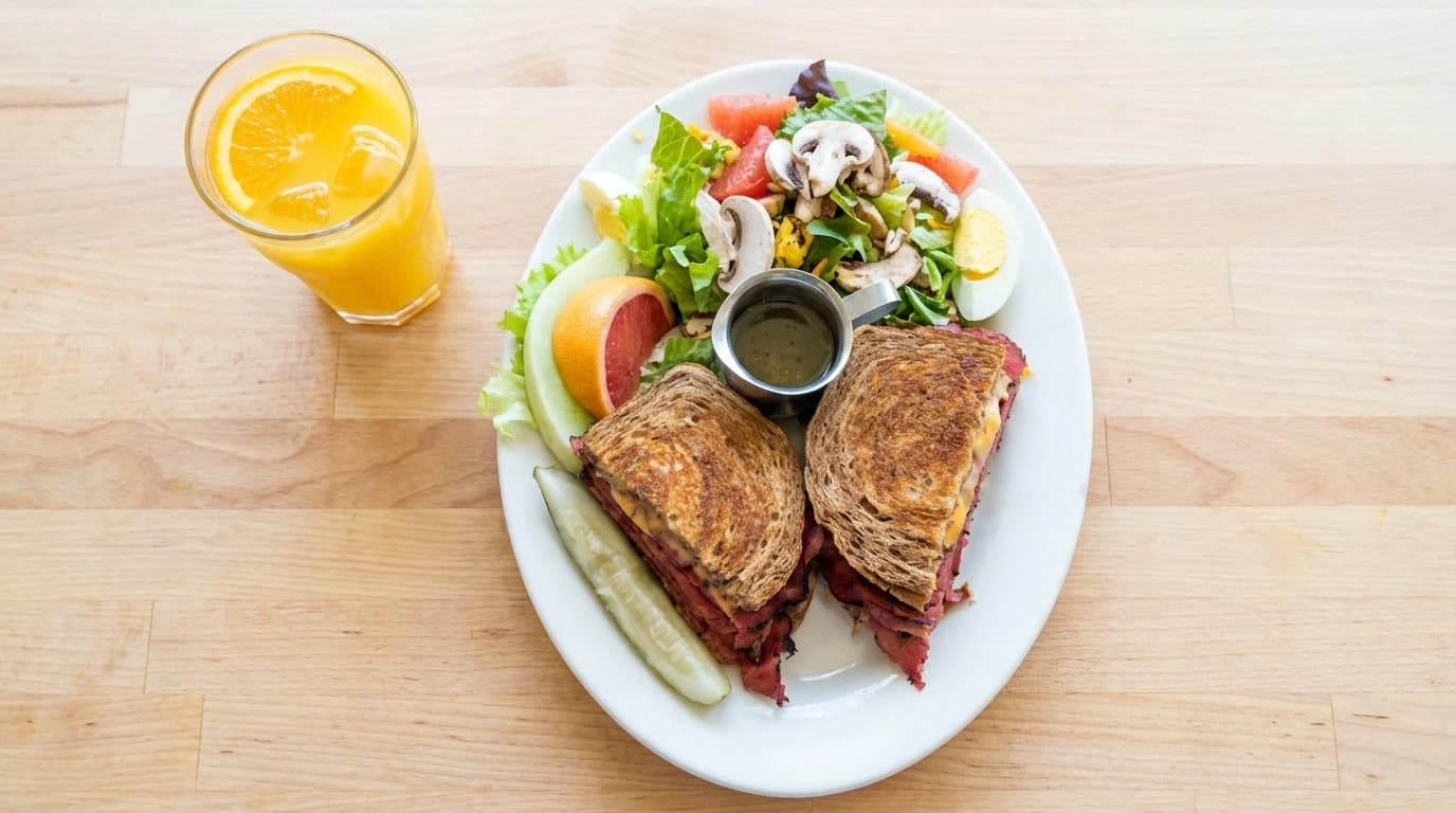 Reuben - Thinly sliced pastrami, tangy sauerkraut, melted swiss cheese, and thousand island dressing on grill - U.S. Egg Breakfast & Lunch menu item