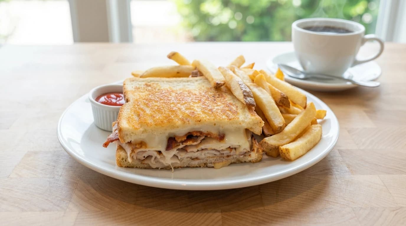 Turkey Melt - Thinly sliced turkey, crispy bacon, juicy tomatoes, thousand island dressing, and melted swiss chees - U.S. Egg Breakfast & Lunch menu item