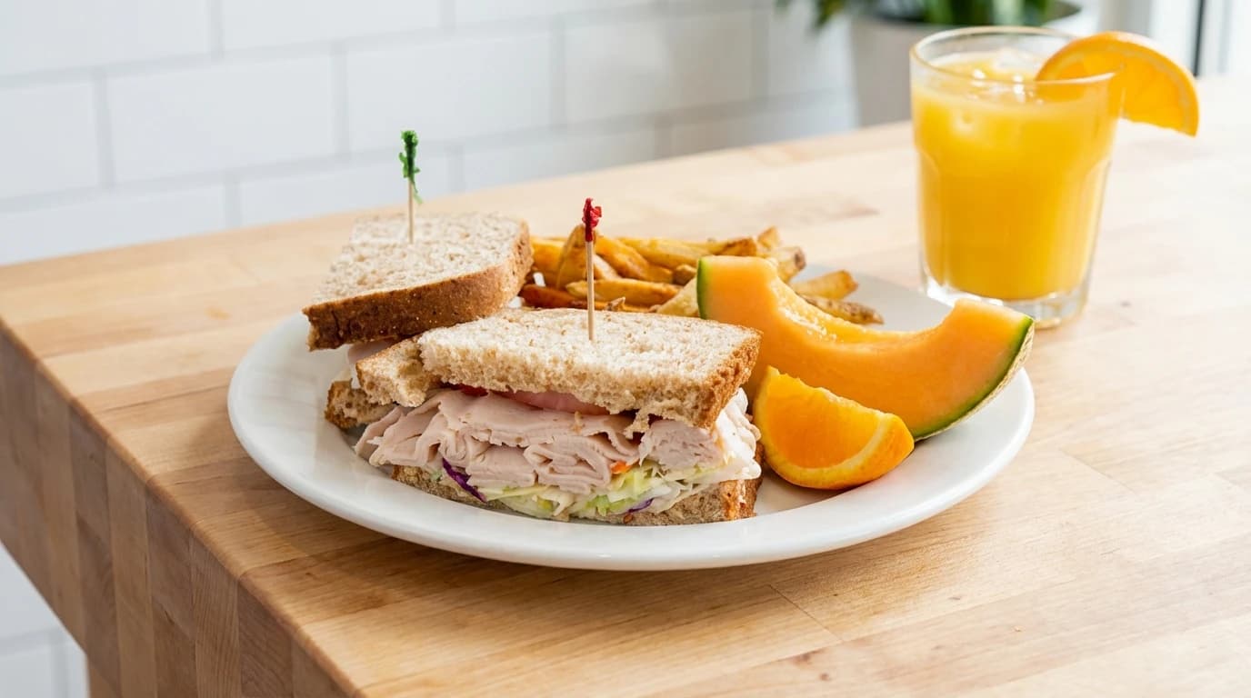 Turkey Sandwich - Thinly sliced premium turkey breast, crisp lettuce, juicy tomatoes, creamy jack cheese, and mayo on - U.S. Egg Breakfast & Lunch menu item