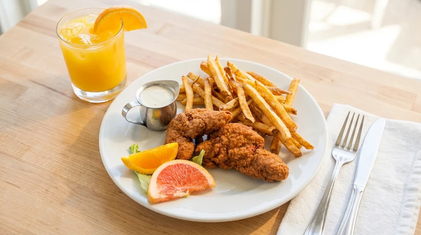 Jr. / Sr. Chicken Strips - Two crispy fried chicken strips & fries. - U.S. Egg Breakfast & Lunch menu item