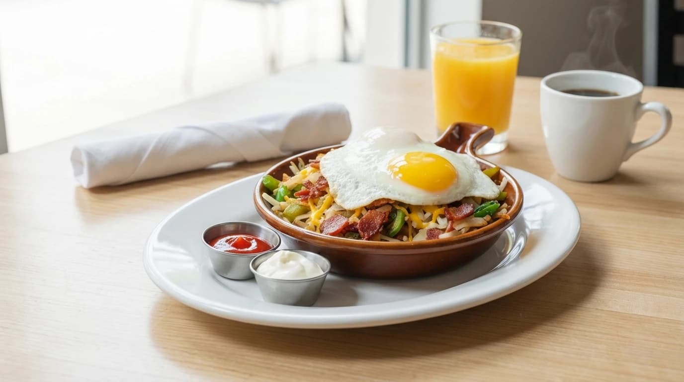 Bacon, Onions & Peppers Skillet - Crispy bacon, caramelized onions, and sautéed bell peppers topped with melted cheese. - U.S. Egg Breakfast & Lunch menu item