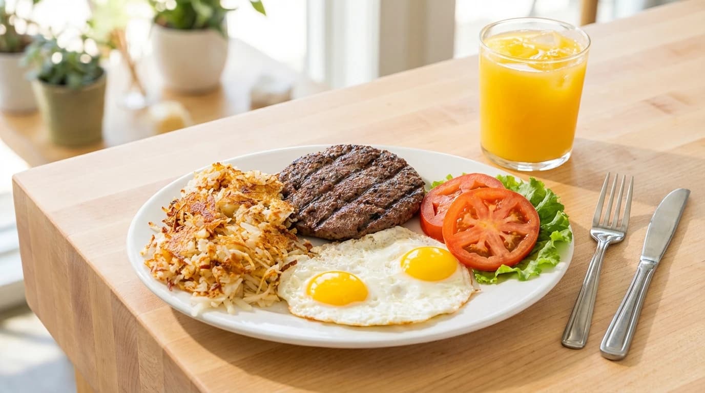 Keto Angus Beef Patty & Eggs - Half lb Angus beef burger patty, served with two eggs, and an choice of broccoli or spinach. - U.S. Egg Breakfast & Lunch menu item