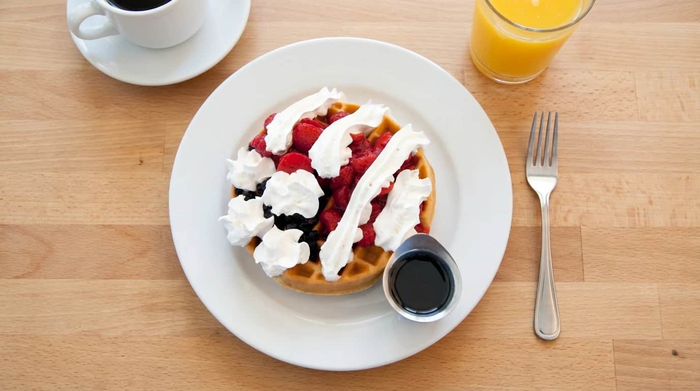 U.S. Egg Red, White & Blue Waffle — a Belgian waffle topped with fresh blueberries, strawberries, and whipped cream